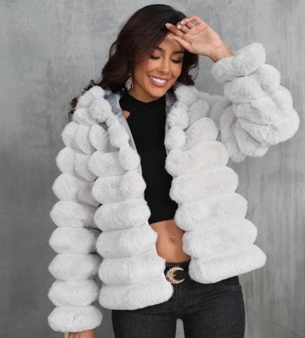 S / Gray Custom logo Winter Solid Faux Fur Coat Short Faux Fur Woman Coat Chinchilla Faux Mink Fur Coat for Ladies