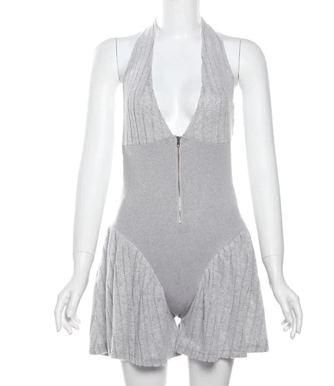 S / Gray Cute Rompers Women One Piece Sexy Wear 2024 New Sleeveless Halter Bodysuits Ladies Elegant Wide Leg Short Jumpsuits Romper