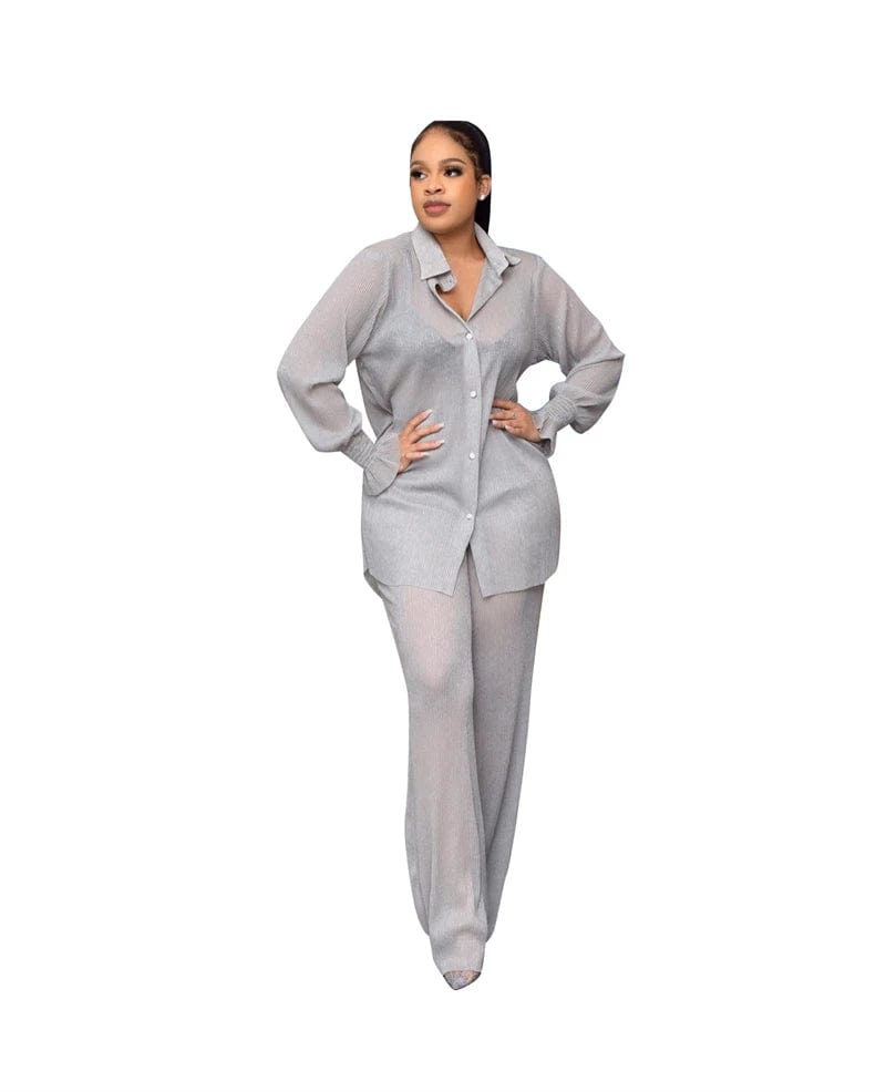 S / Gray fall 2024 lady miyake pleated fabric african women two 2 piece long pleated shirt pant set 2024 clothes clothing for women 2022