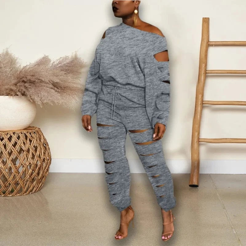 S / Gray Free Sample Elegant Cutout Holed Two 2 Piece Set Outfits Sloping Shoulder Crewneck Tracksuit Plain Long Sleeve Sweatsuit Set