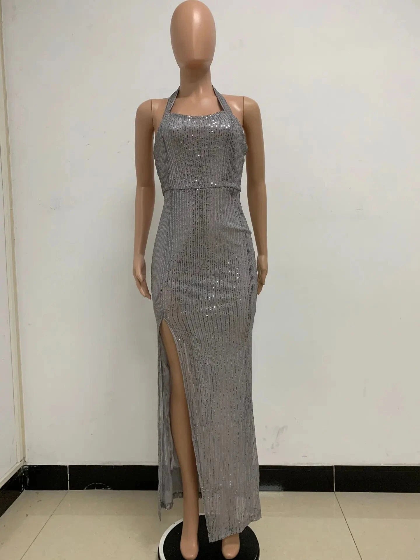 S / Gray Glitter halter sleeveless backless split sliver gold black sexy prom lady maxi elegant party sequined evening dresses for women