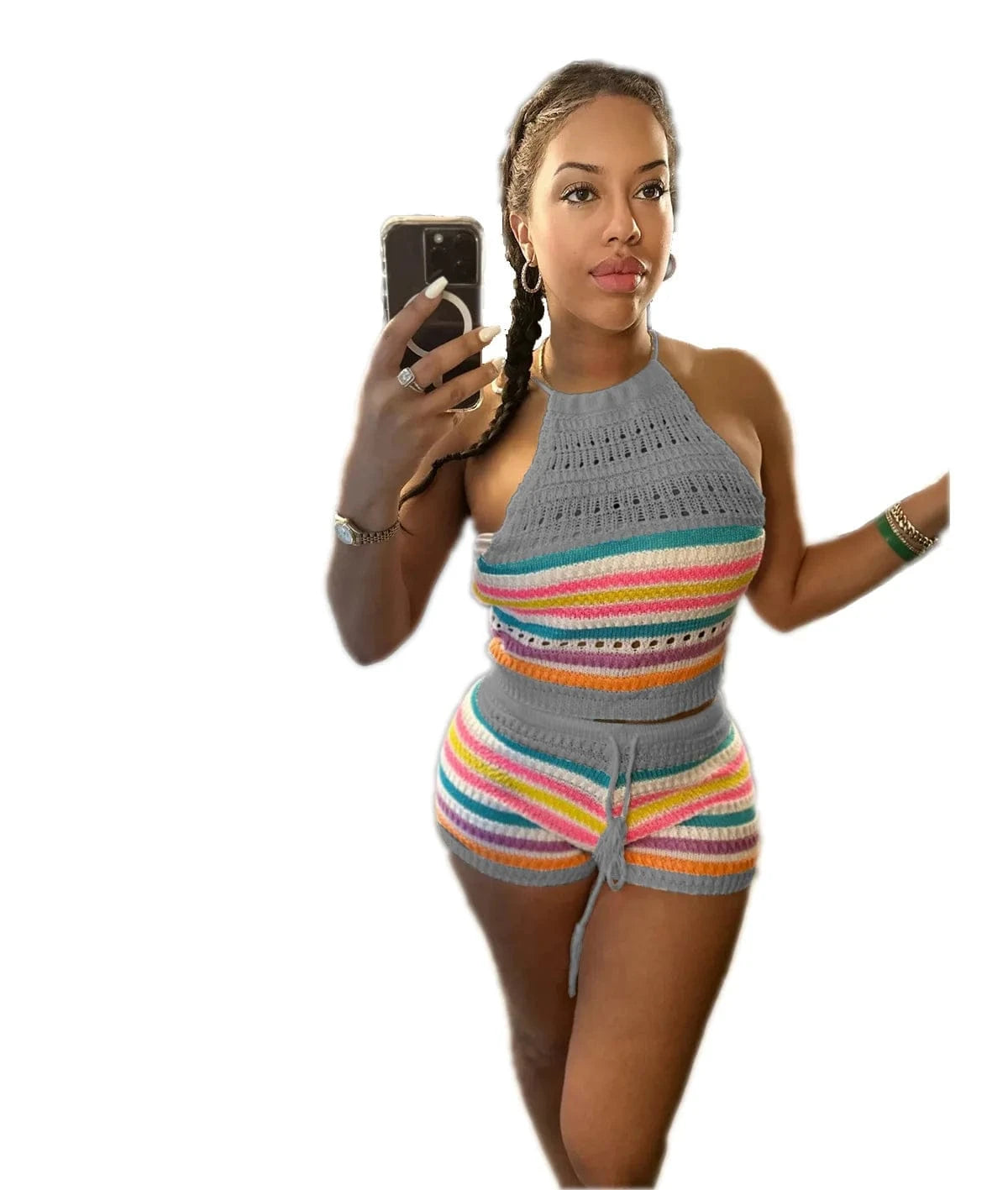 S / Gray Halter Top Knitted Summer Sets Women 2 Piece Sets Summer 2024 New Arrival Leisure Two Piece Knit Short and Crop Set