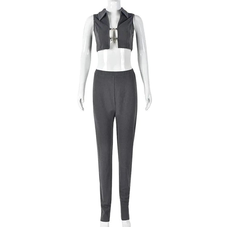 S / Gray Metal Decorative Hollow Out Two Piece Set Sexy Polo Neck Sleeveless Tanks+Bodycon Pants