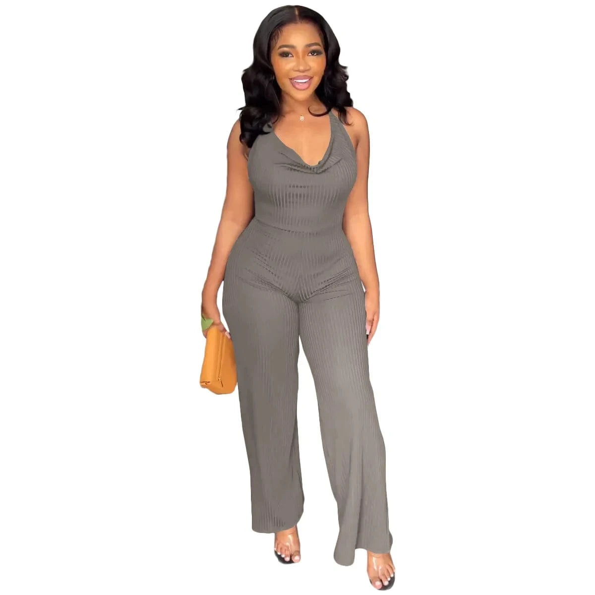 S / Gray Trendy One Piece Jumpsuit Women Summer Bodysuit For Women Wide Leg Pants Ladies Cami Jumpsuit  Womens Playsuit &Jumpsuit