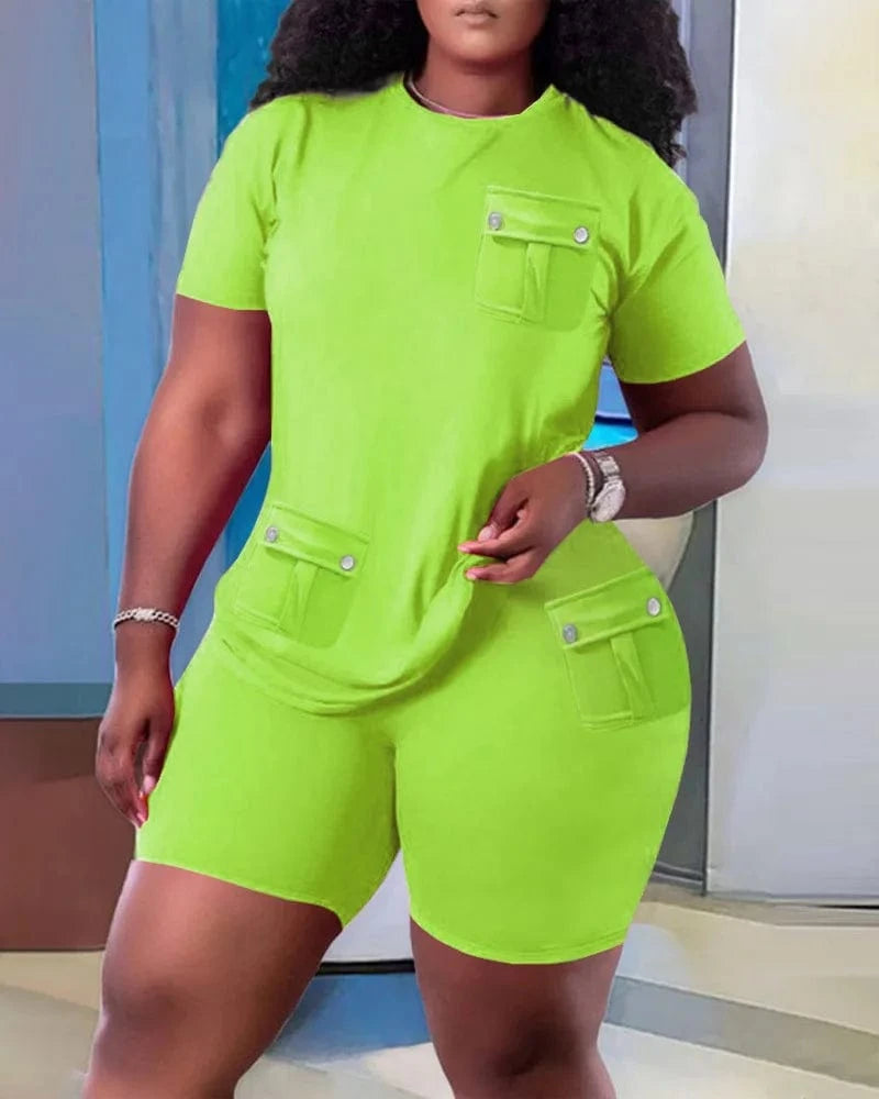 S / Green 2024 European and American oversized women's fashion casual home short sleeved shorts set