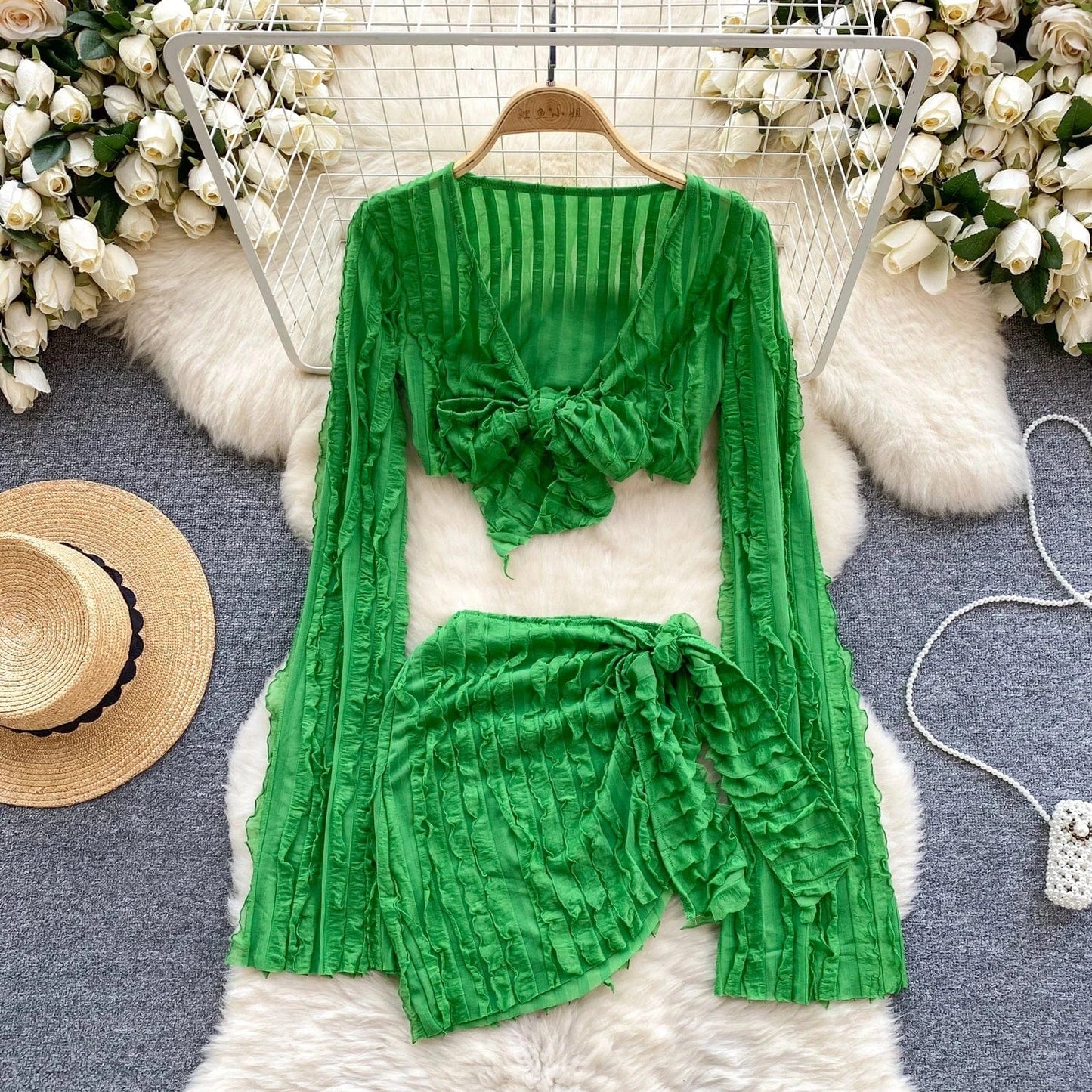 S / Green 2024 Hot Selling Beach Cover Ups 2 Piece Outfits Summer Sexy Dresses Two Piece Skirt Set Women