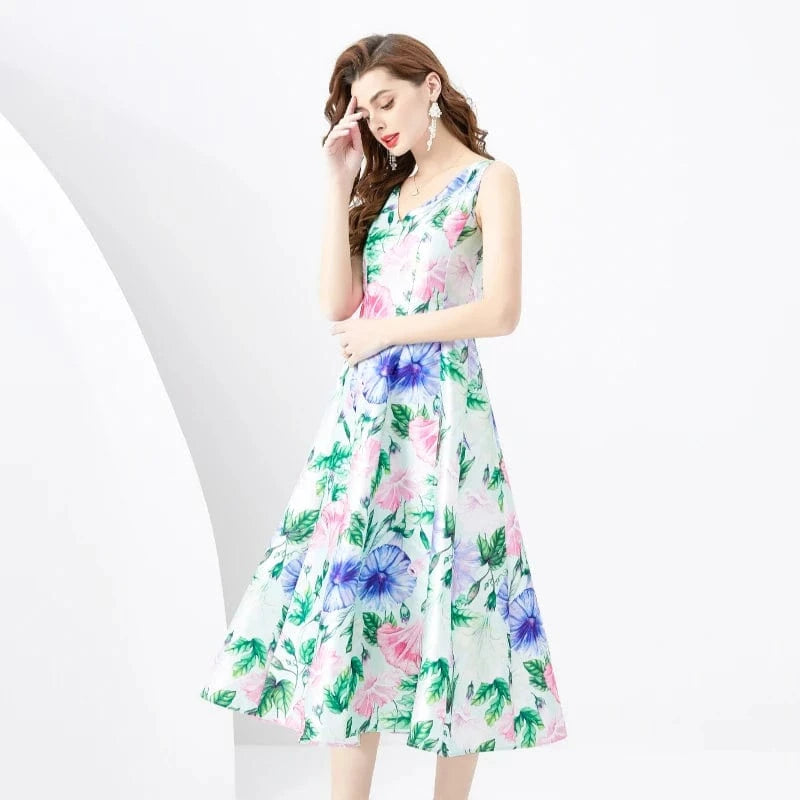 S / Green 2024 Spring/Summer Retro Standing Cut V-neck Sleeveless Wide Swing Printed Long Dress KL6252075