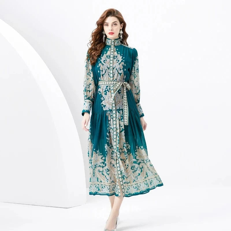 S / Green 2024 Spring/Summer Standing Neck Lantern Sleeves Wave Edge Long Retro Print Dress KL6225085