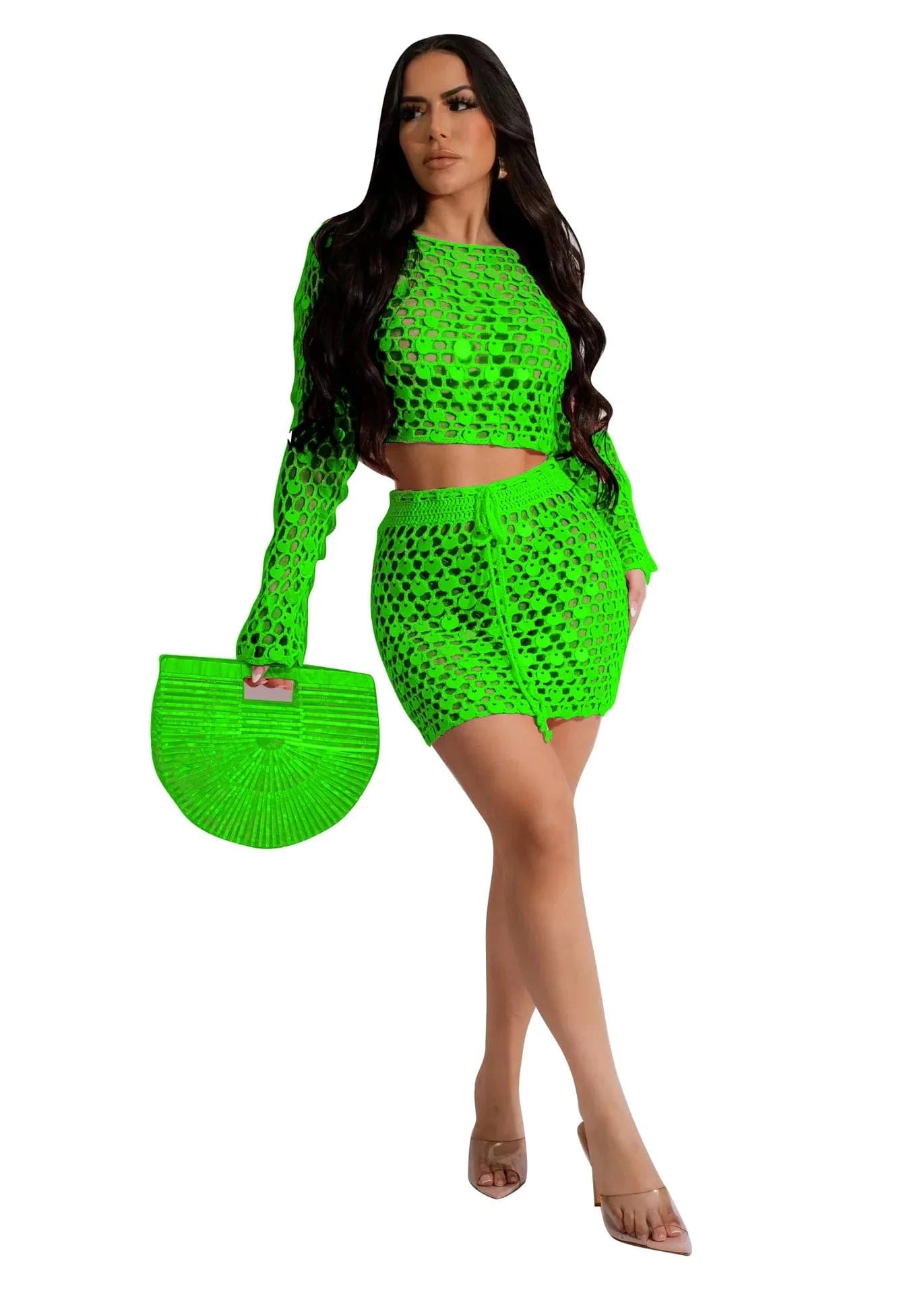 S / Green 2024 trendy boutique S-2XL beachwear knitted sequined party 2 piece skirt set for women