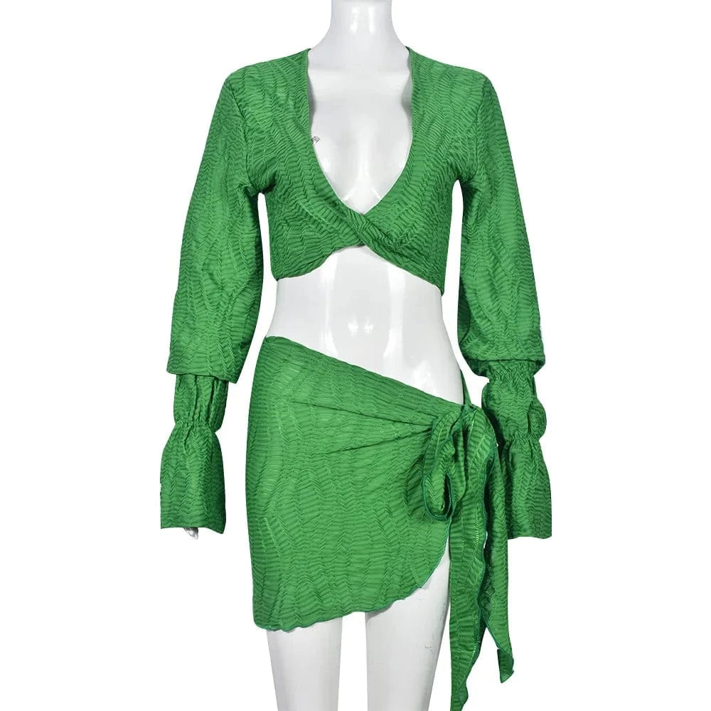 S / Green 7960sg Hot Sale 2024 Autumn New Women 2p Outfit Irregular Flared Sleeve Crop Tops Skirt Suit Women Two Piece Skirt Set