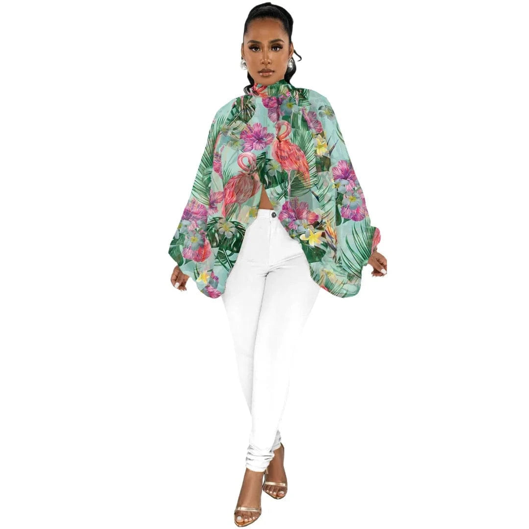 S / Green bottom flamingo DAMOCHIC Elegant Print Blouse Shirt Ladies Batwing Sleeve Fall High Neck Lace Up Open Back Tops Female Chiffon Blouse Women 2023
