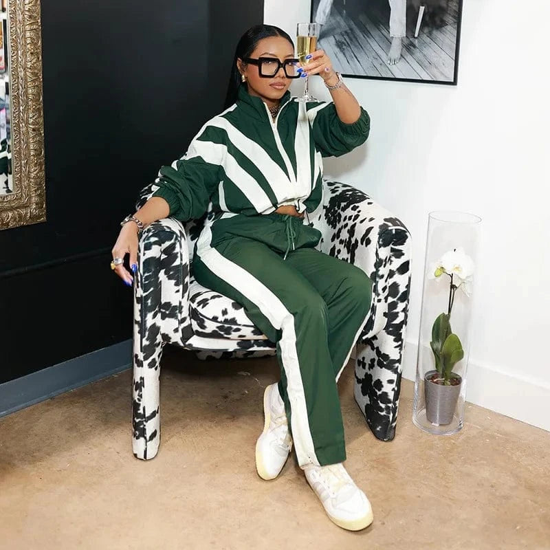 S / Green Casual Contrast Zipper Collar Long Sleeve Two Pieces Unique Stripe Tracksuit Woman Cotton High Quality Jogging Suits