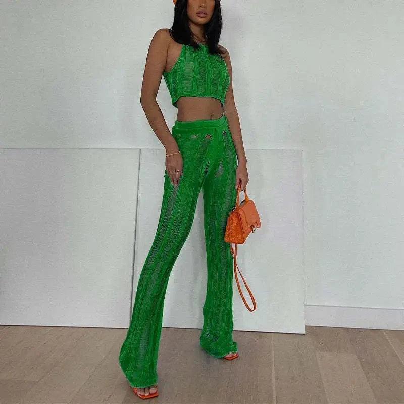 S / green Cotton Top Set Ripped Women Knitted 2 Piece Summer Women Set Hollow out Solid Clothing Two Piece Pants Set