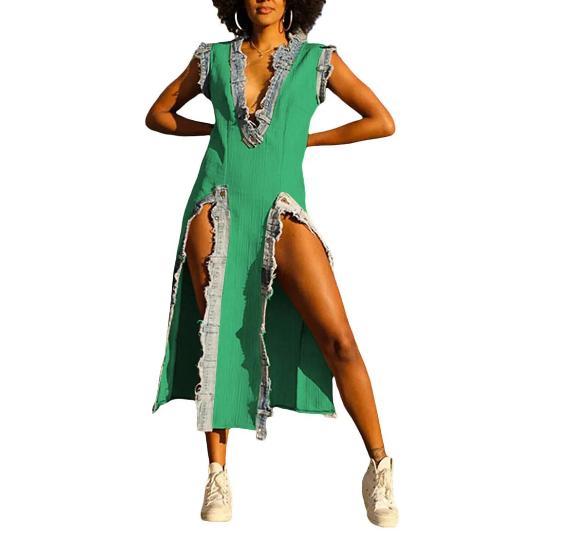 S / Green Fall 2024 Women Clothes Sleeveless Deep V Neck Dress Women Split Midi Dress Fashion Patchwork Denim Dresses