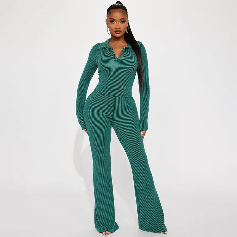 S / Green fall spring 2024 women ladies striped v neck outfit two 2 piece long sleeve top shirt and pants set streetwear clothes for women