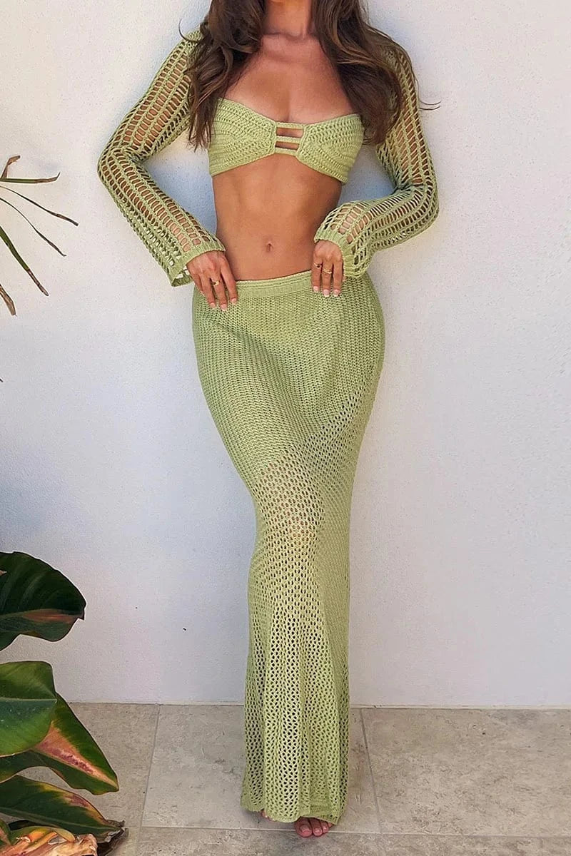 S / Green GX20842 New 2024 Summer Unique Women Sexy Beach Wear Knitted See Through Outfit Long Sleeve Tank Top and Maxi Skirt 2 Piece Set