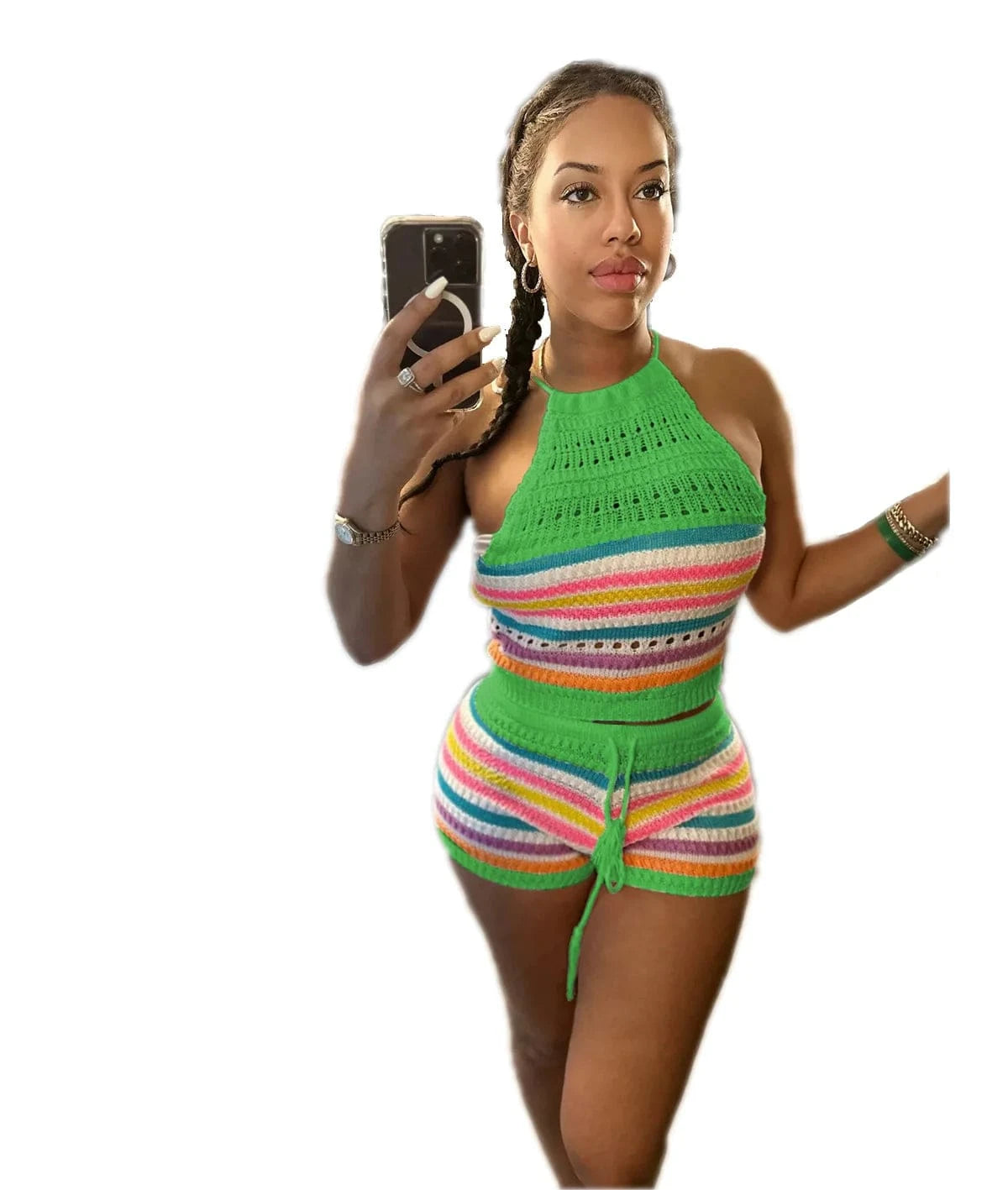 S / Green Halter Top Knitted Summer Sets Women 2 Piece Sets Summer 2024 New Arrival Leisure Two Piece Knit Short and Crop Set