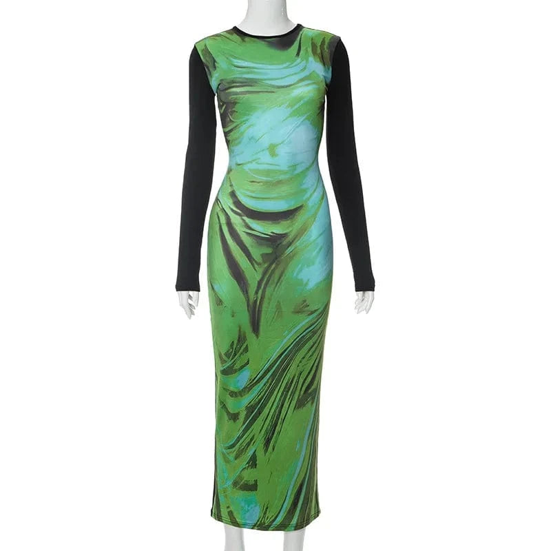 S / Green Liu Ming Fall New Arrivals 2024 Women Patchwork 3D Print O Neck Long Sleeve Casual Bodycon Maxi Dress