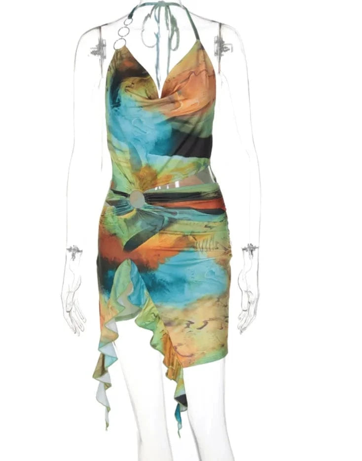 S / Green Liu Ming New Wholesale Women Sexy Halter Neck Backless Print Sleeveless Night Club Mini Dress