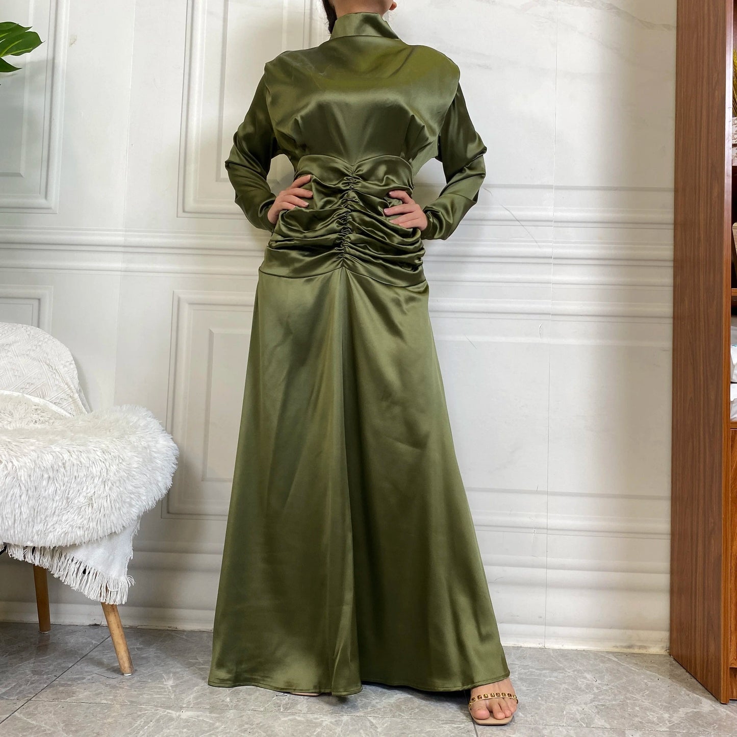 S / Green October new fashion satin long dress advanced pleated waist style slim sleeve women party maxi dresses