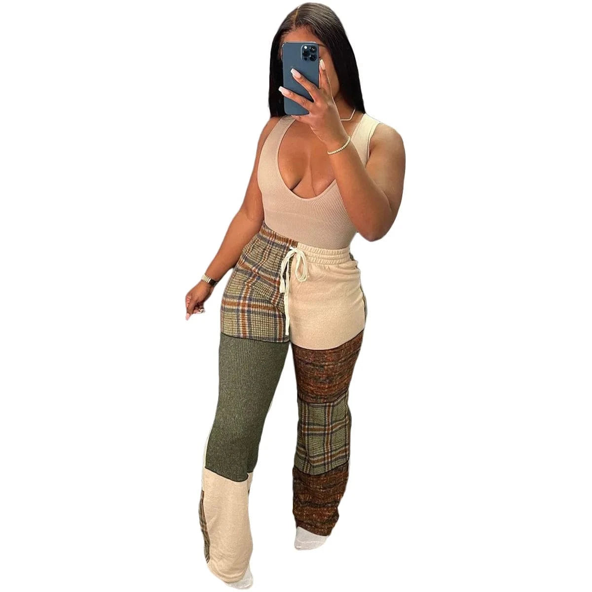 S / green Print Plaid Bottom Ladies Casual Designer Pants Straight Plaid Pants for Female Ladies Loose Casual Plaid Patchwork Pants