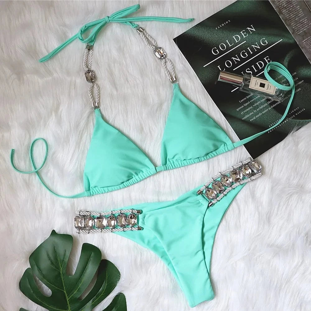 S / Green Ready to ship hot sexy fashion diamond two piece bathing suit swimsuits for women 2024