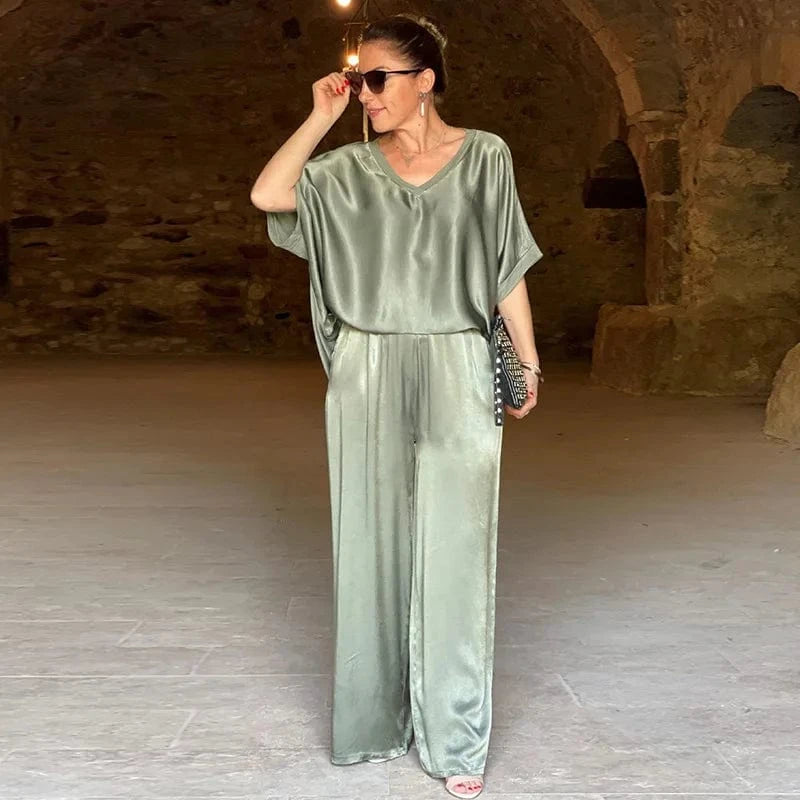 S / Green Spring fall new ladies clothing women elegant temperament loose casual t shirt top wide leg pants fashion two piece women's sets