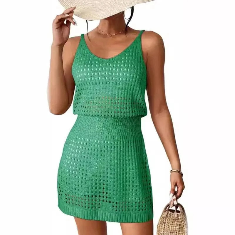 S / Green Summer Crochet Hollow Out Knit Beach Bathing Suit Swim Cover Ups Cruise Outfits Vacation Dresses For Women 2024 vest skirt
