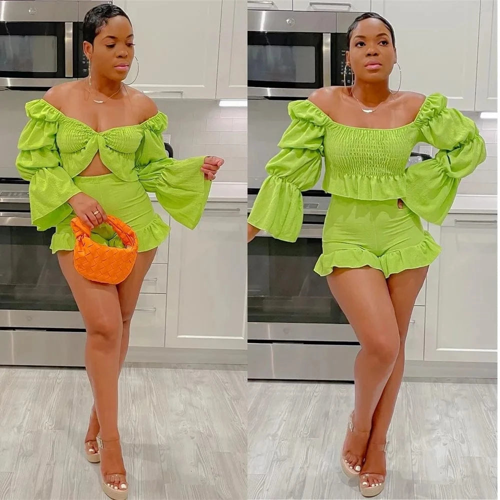 S / green Top Selling Trending Products 2023 New Arrivals 2 Piece Shorts Set Crop Tops for Women Puff Sleeve Cute Women Shorts Set Street