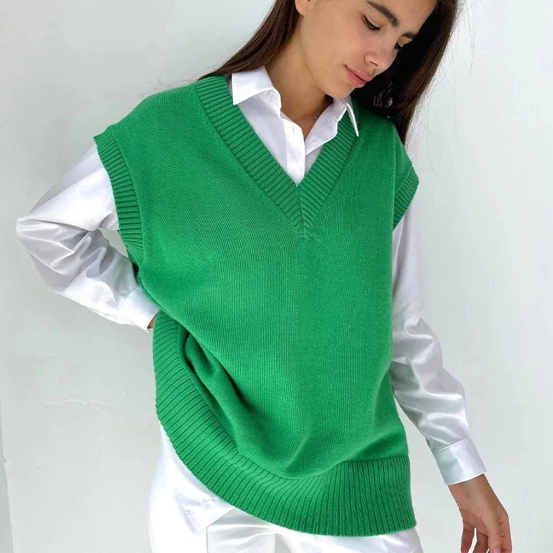 S / Green Wholesale 2024 Autumn Fashion Women Sweaters Vest Oversized Knitted Vest Casual Wear Sleeveless Crop Tops Knit Sweaters