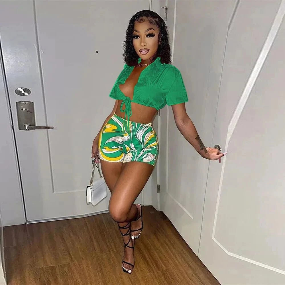 S / green Women Going Out Outfits Summer 2 Piece Set Women Shorts Set Shirt Top and Shorts Set Summer Crop Top 2 Piece Women