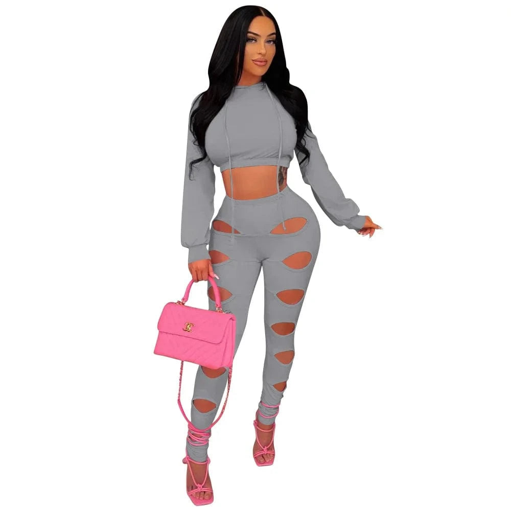 S / grey Women Crop Top Sweatshirts Shirts and Pants Set Long Sleeve 2 Piece Sets Women 2022 Pant Set Cut Out Joggers
