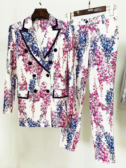 S HIGH STREET 2025 Fashion Designer Runway Suit Set Women's Double Breasted Gorgoues Floral Printed Blazer Pants Suit