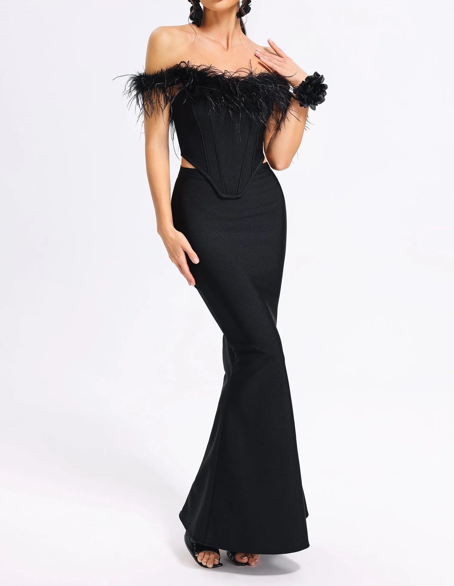 S / HL9398 black Ocstrade  Black Feather Off The Order Two Piece Bandage Dress Set Black Bodycon Bandage Midi Skirt And Top Set For Women Vestido