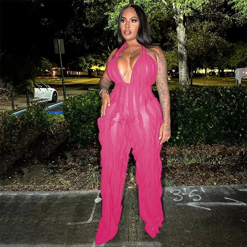 S / hot pink Bodysuit Ladies Casual Jumpsuits for Women Sexy Slice Backless One Piece Jumpsuit Women Pants Flare Jumpsuit