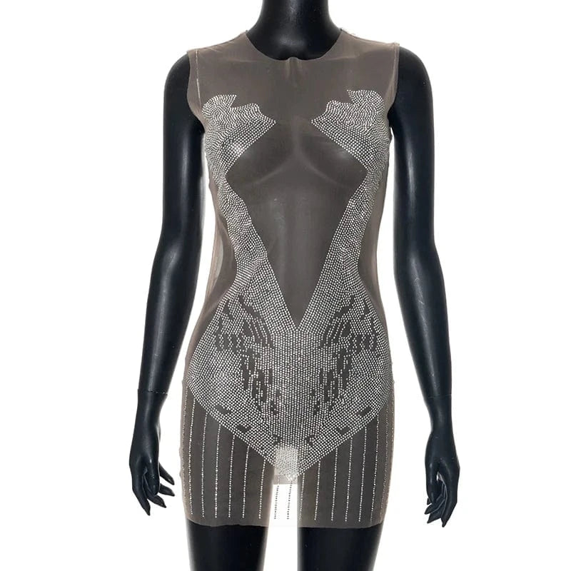 S / K24DS010 White Bomblook K24DS010 Summer New Outfits Ladies Evening Women's Sleeveless Rhinestone Dresses Sexy Mini See Through Party Dress 2024