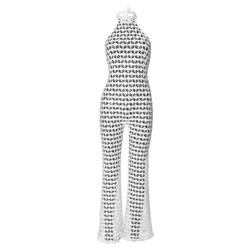 S / K24JP047 White Bomblook K24JP047 Cut Out Sexy Knit Solid Halter One Piece Jumpsuit Women 2024 Summer Sleeveless Trends Women Jumpsuits