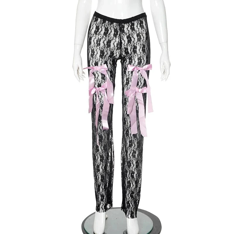 S / K24PT051 Black Bomblook K24PT051 Sexy Trousers New Design Bows Ladies Straight Pants & Trousers For Women Lace 2024 Spring Pants