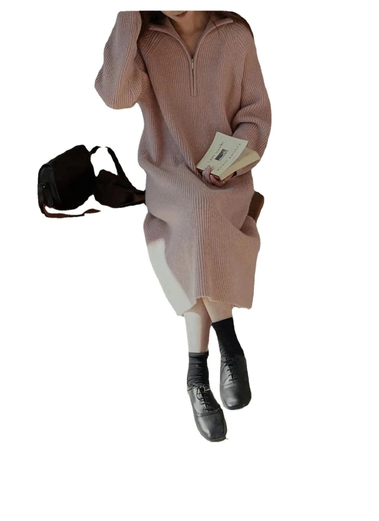 S / Khaki 2024 Spring Winter dress high slim waist collection loose solid color half neck zipper leg design ribbed long length skirt