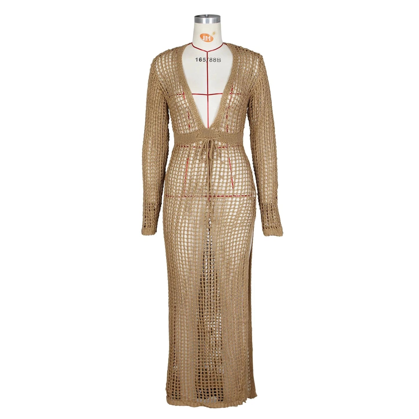 S / Khaki 2024 Summer Hollow Out Crochet Dress Deep V-Neck Women's Swimwear Sexy See Through Bikinis Cover Up Swimsuits