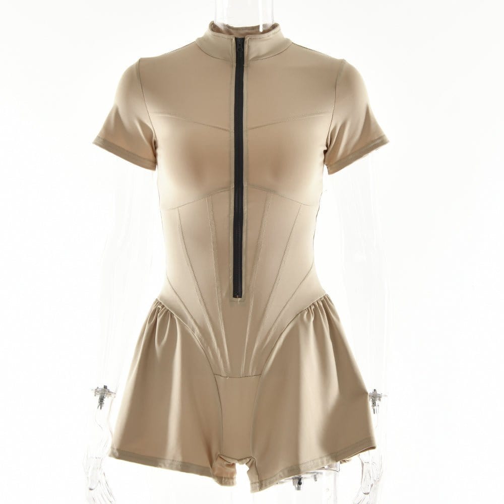 S / Khaki 35876 Fashion Zip Romper Street Wear One Piece Jumpsuit Women