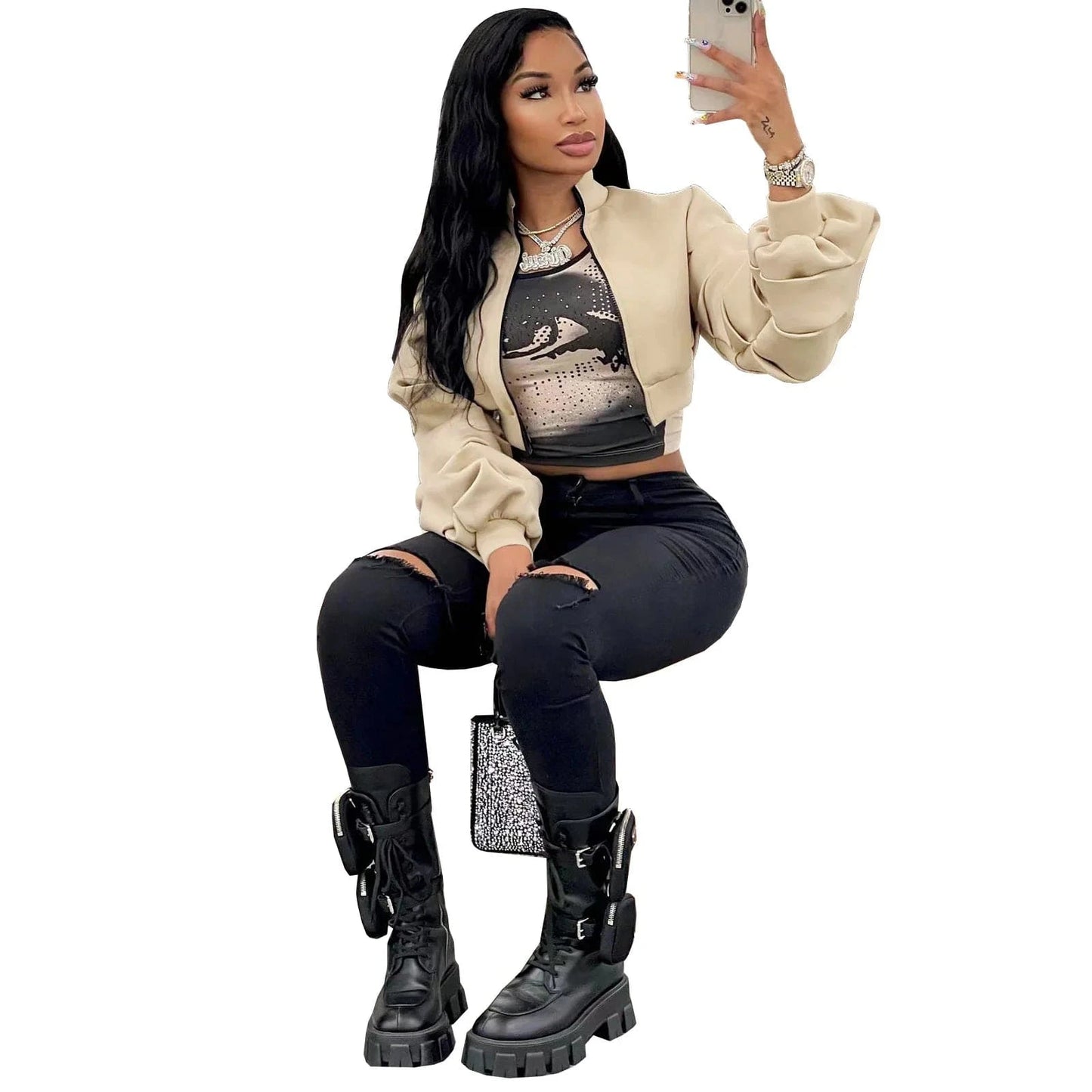 S / Khaki Autumn 2022 Women Clothing Solid Woman Short Coat Fashion Zipper Jacket Short Cardigan Jacket Top for Mujer