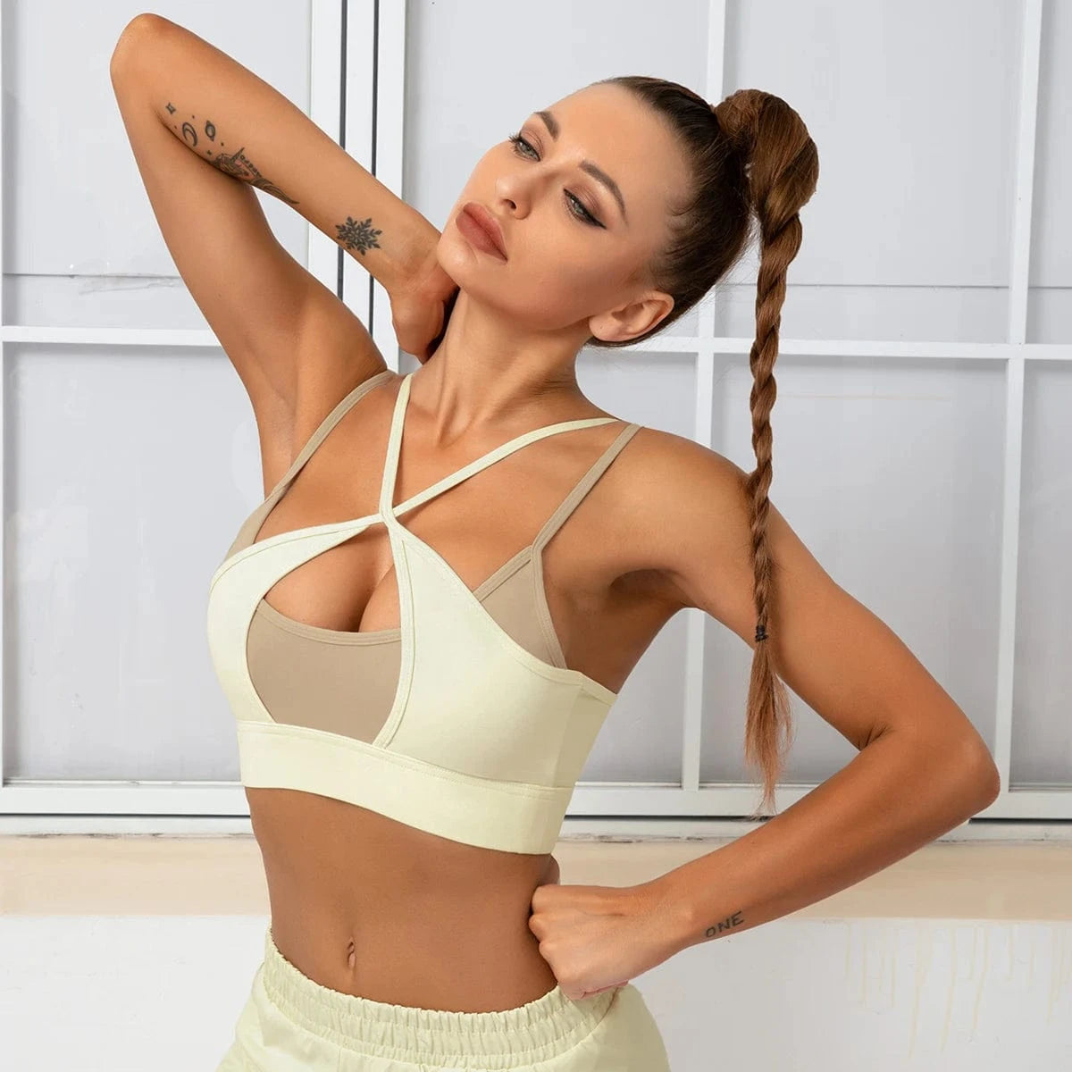 S / khaki bra 2024 Seven Piece Suit Workout Cloth Women Gym Activewear Set Training Sports Fitness Yoga Sets