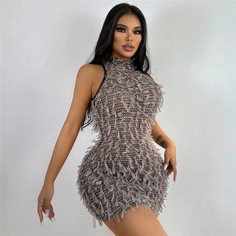 S / Khaki C0348 2024 women's new street Hollow Out patchwork sleeveless head slim fit hip wrap dress