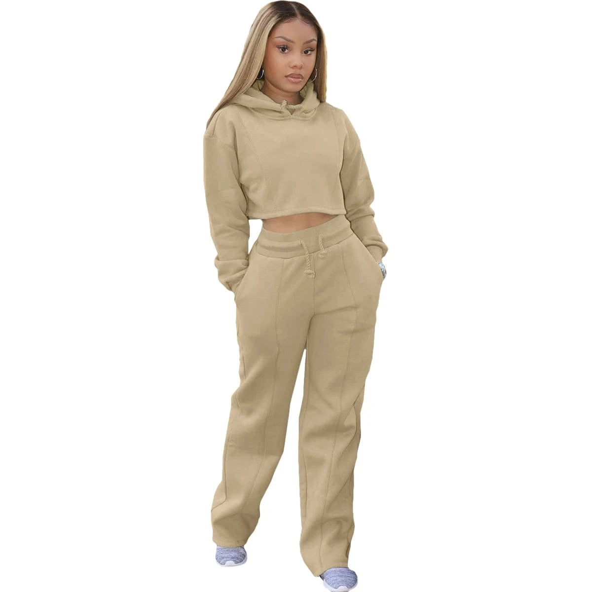 S / Khaki Casual sports suit women autumn and winter new loose long-sleeved sweater two-piece