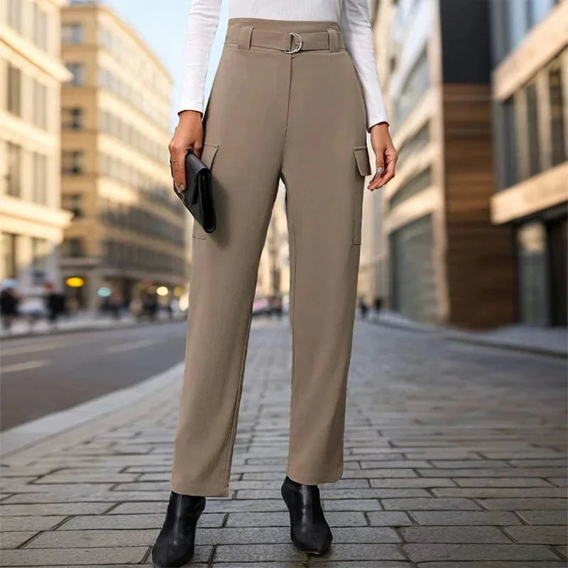 S / Khaki European and American style solid color casual retro 2024 spring/summer women's new lace Up Commuting Pocket Women's Pants