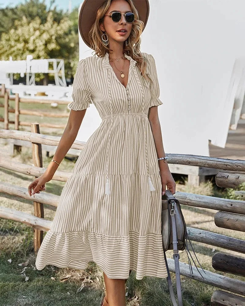 S / Khaki Hot Sale 2024 summer fashion striped v neck puff sleeve ruffle hem casual midi dress women