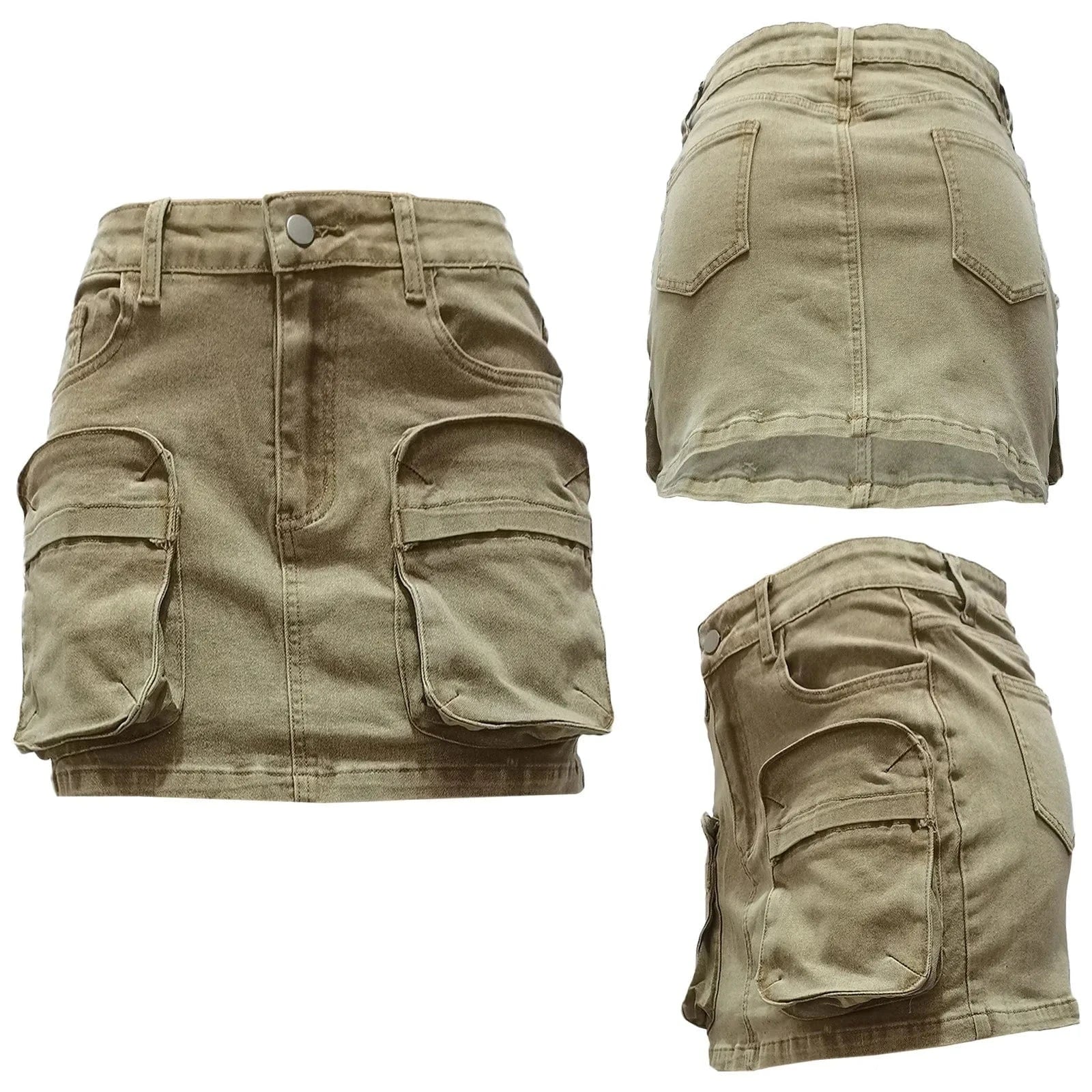 S / Khaki Jeans Skirt Women Summer jeans Cargo Pocket Denim Short Skirt For Women A-line Stretchy Blue Cargo Denim Jeans Skirt