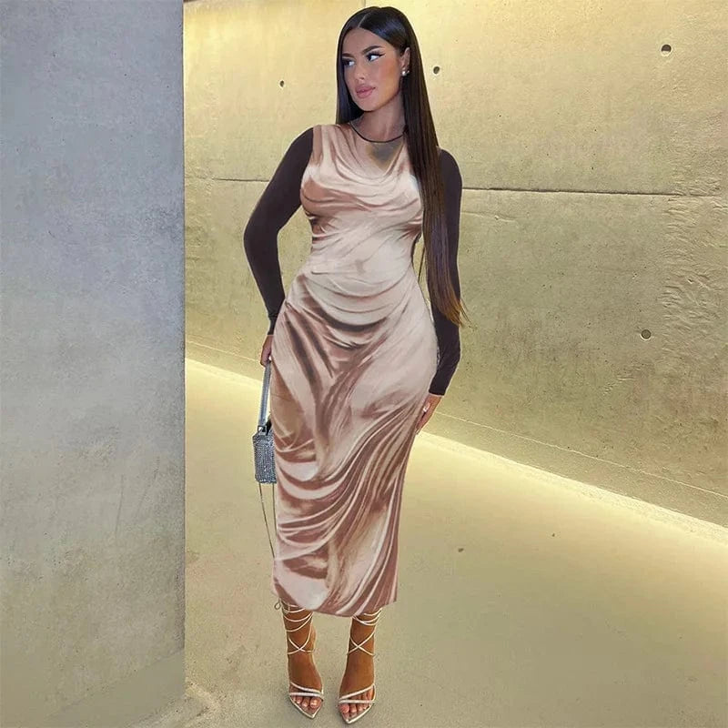 S / Khaki Liu Ming Fall New Arrivals 2024 Women Patchwork 3D Print O Neck Long Sleeve Casual Bodycon Maxi Dress