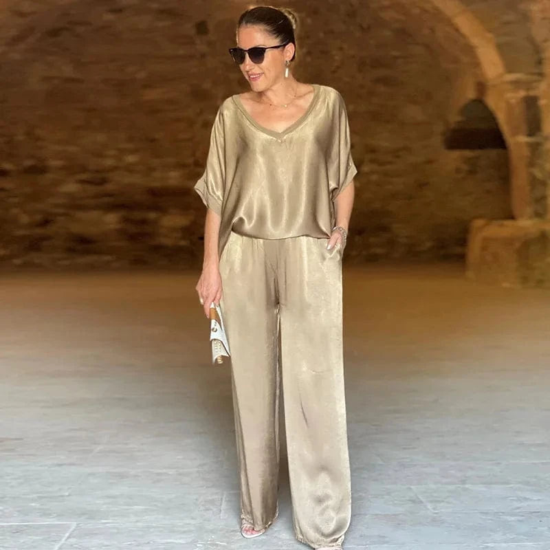 S / Khaki Spring fall new ladies clothing women elegant temperament loose casual t shirt top wide leg pants fashion two piece women's sets